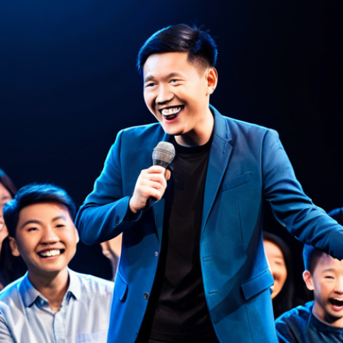 Home 4 A charismatic young Chinese stand-up comedian on a brightly lit stage in a modern comedy club, captivating a diverse audience. The comedian is fully clothed in a stylish, modest professional outfit, holding a microphone, with an engaging and natural pose. The audience members, of various ages, are visibly laughing and enjoying the performance, creating a warm, family-friendly atmosphere. The background features subtle stage lighting and club decor. Perfect anatomy, correct proportions, well-formed hands, proper finger count, natural body proportions, professional photography, high quality, safe for work, appropriate content, modest, appropriate attire.