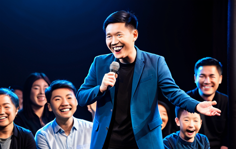 A charismatic young Chinese stand-up comedian on a brightly lit stage in a modern comedy club, captivating a diverse audience. The comedian is fully clothed in a stylish, modest professional outfit, holding a microphone, with an engaging and natural pose. The audience members, of various ages, are visibly laughing and enjoying the performance, creating a warm, family-friendly atmosphere. The background features subtle stage lighting and club decor. Perfect anatomy, correct proportions, well-formed hands, proper finger count, natural body proportions, professional photography, high quality, safe for work, appropriate content, modest, appropriate attire.