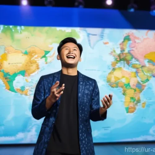 아시아 코미디언 SNS 영향력 - A vibrant and energetic Asian comedian, dressed in a stylish modern kurta-pajama, stands confidently...