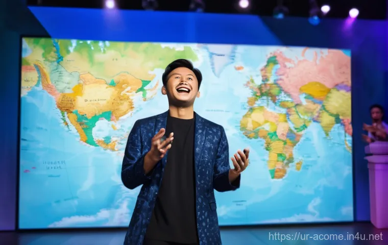 아시아 코미디언 SNS 영향력 - A vibrant and energetic Asian comedian, dressed in a stylish modern kurta-pajama, stands confidently...