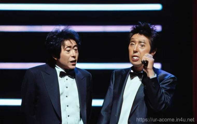 다운타운 일본 개그 듀오  역사 - **Prompt 1: Dynamic Duo on Stage**
    "A vibrant, high-energy image of the legendary Japanese comed...