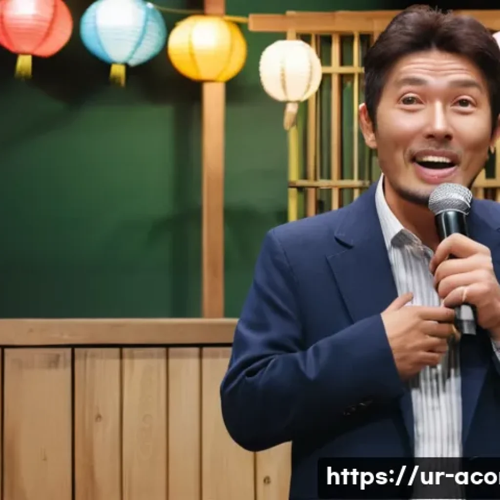 마츠모토 히토시의 코미디 스타일 - A warm, candid scene of a middle-aged Japanese man performing stand-up comedy on a small stage in a ...