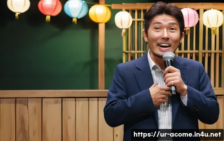마츠모토 히토시의 코미디 스타일 - A warm, candid scene of a middle-aged Japanese man performing stand-up comedy on a small stage in a ...