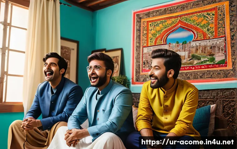 아시아 코미디 유튜버 추천 - A vibrant scene depicting a group of South Asian comedy YouTubers filming a lively sketch in a tradi...