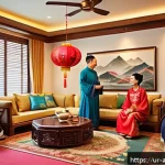 Home 18 중국 코미디 영화 트렌드 - A vibrant scene depicting a traditional Chinese family gathering with a modern twist, showing family...