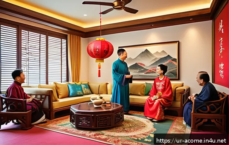 중국 코미디 영화 트렌드 - A vibrant scene depicting a traditional Chinese family gathering with a modern twist, showing family...