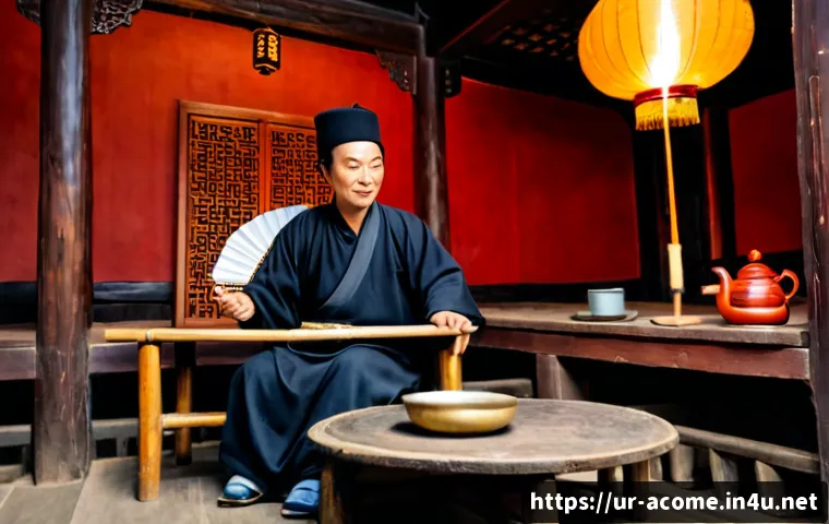 Home 17 중국 스탠드업 코미디 역사 - Photorealistic historical scene of an early Chinese comedy storyteller performing on a small wooden ...
